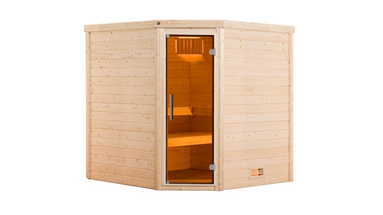 Weka Premium Massivholzsauna Turku 1 Sparset 2 inkl. 7,5 kW Bioaktiv-Ofen und Leuchtenset - 45 mm - "Alles dabei"