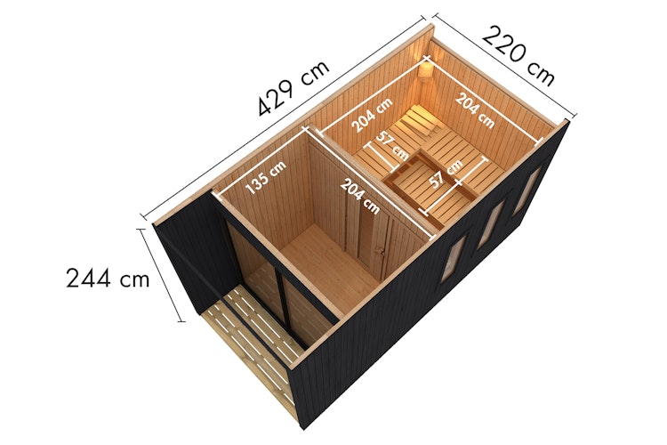 Karibu Design Saunahaus Miramar Blackline mit Vorraum - 73 mm