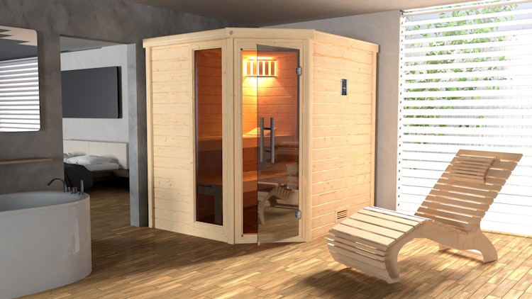 Weka Premium Massivholzsauna Turku 1 Sparset 2 inkl. 7,5 kW Bioaktiv-Ofen und Leuchtenset - 45 mm - "Alles dabei"