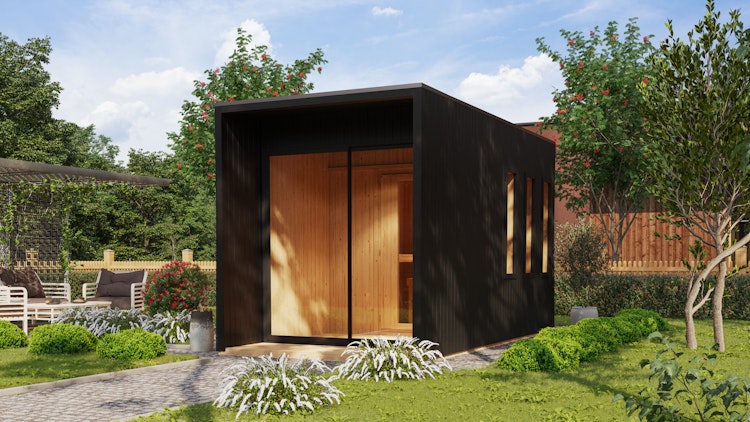 Karibu Design Saunahaus Miramar Blackline mit Vorraum - 73 mm
